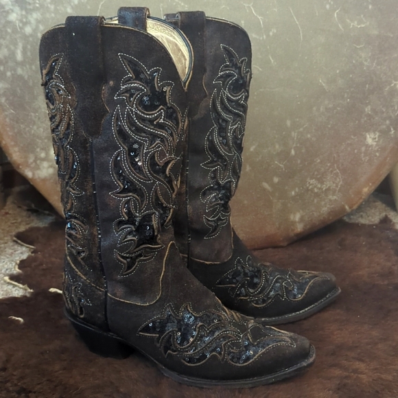 CORRAL R1152 distressed dark brown leather & black sequins cowgirl boots sz 7 - Picture 8 of 16